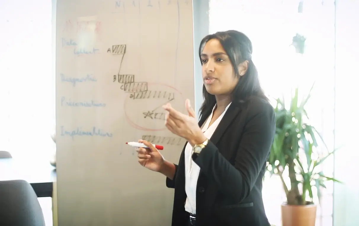 Photo corporate réunion de travail présentation tableau blanc par femme startup entreprise Paris Lyon