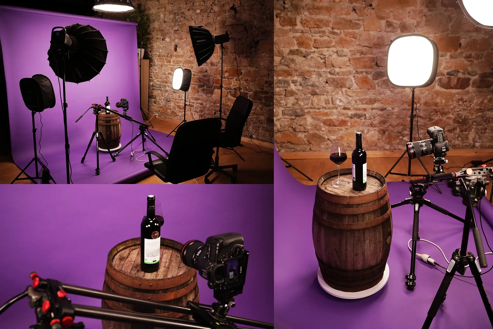 Studio photo de 50m² tout équipé à Lyon Studio photo de 50 m² avec fond violet, matériel d'éclairage et de prise de vue pour la production audiovisuelle.