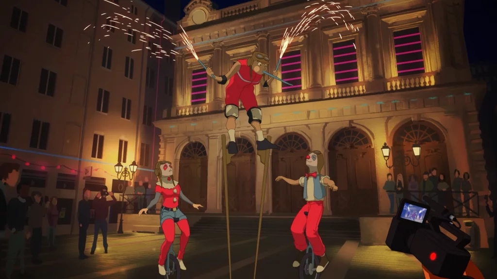 Animation 2D illustrant la captation vidéo d'un spectacle de rue à Vieux Lyon, avec des artistes en action et des effets lumineux.