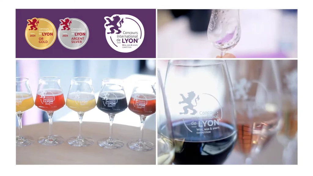 Éléments visuels du Concours International de Lyon 2024, avec des verres de vin portant le logo de l'événement et des médailles or et argent.