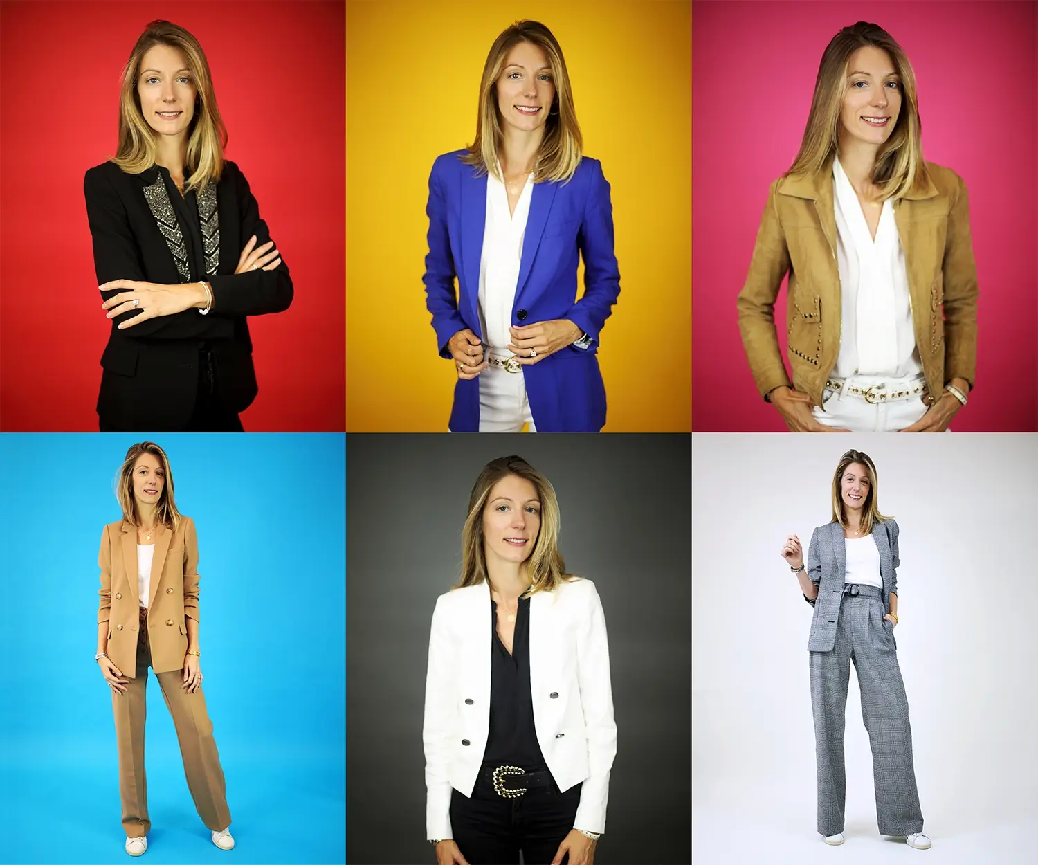 Montage de six portraits professionnels d’une femme, réalisés en studio sur des fonds rouge, jaune, rose, bleu, gris et blanc.